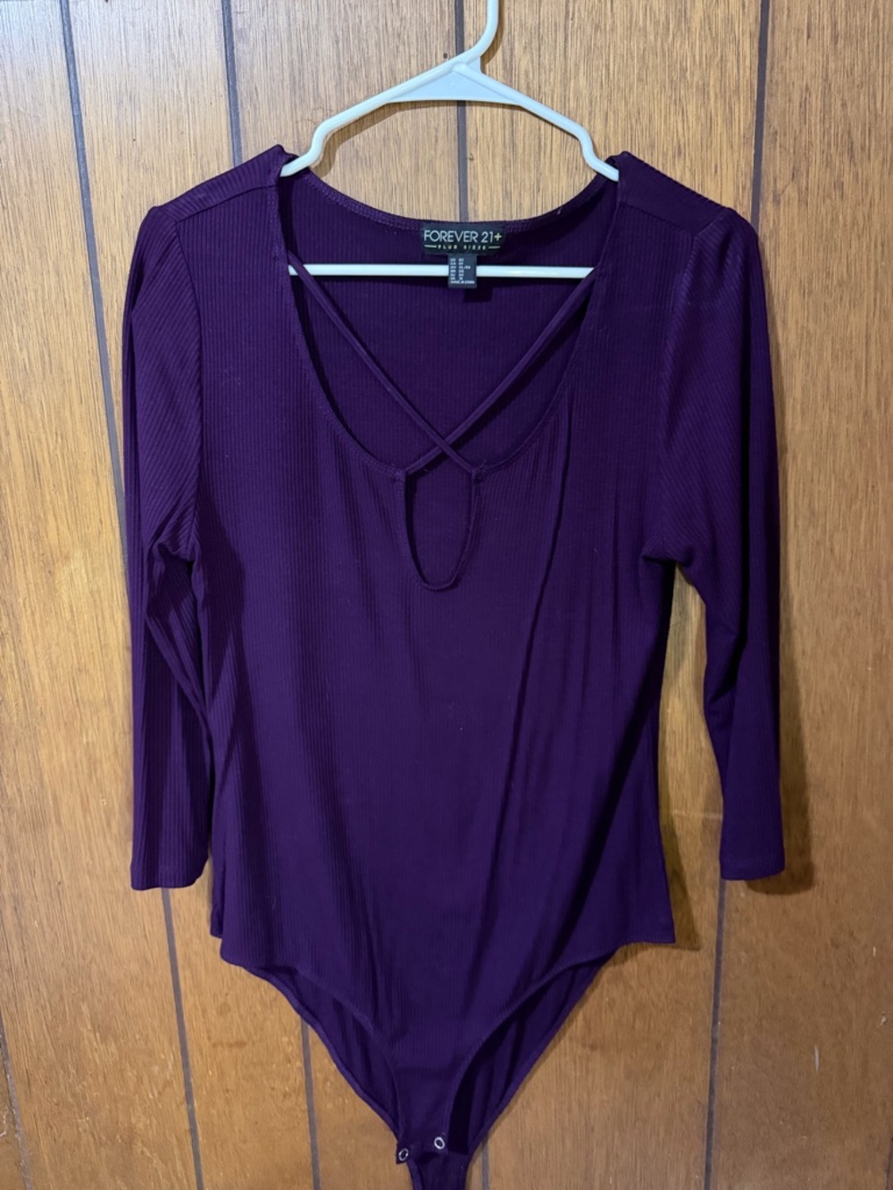 Forever 21 Plum Ribbed Long-Sleeve Bodysuit with Crisscross Neck